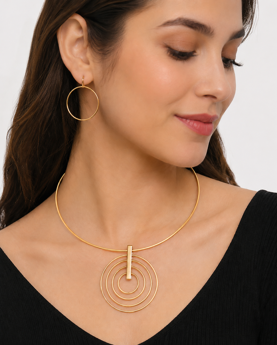 FASSSIONS Gold-Plated Geometric Necklace & Hoop Earrings Set for Women | Minimalist Circular Pendant Choker Set | Contemporary Statement Jewelry Set