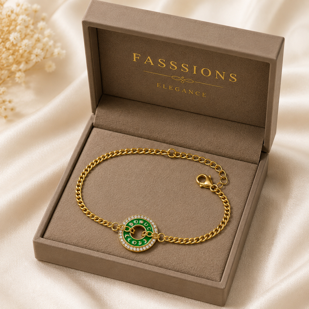 Fasssions Gold Plated Green Evil Eye Circle Anklet for Women & Girls | Adjustable Chain Ankle Bracelet | Crystal Studded Lucky Charm Anklet