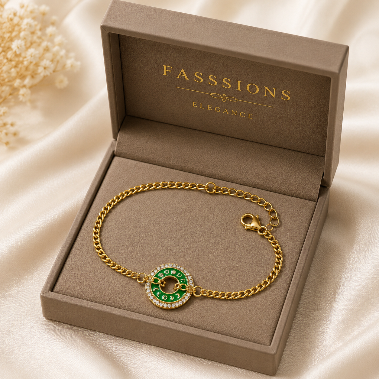 Fasssions Gold Plated Green Evil Eye Circle Anklet for Women & Girls | Adjustable Chain Ankle Bracelet | Crystal Studded Lucky Charm Anklet