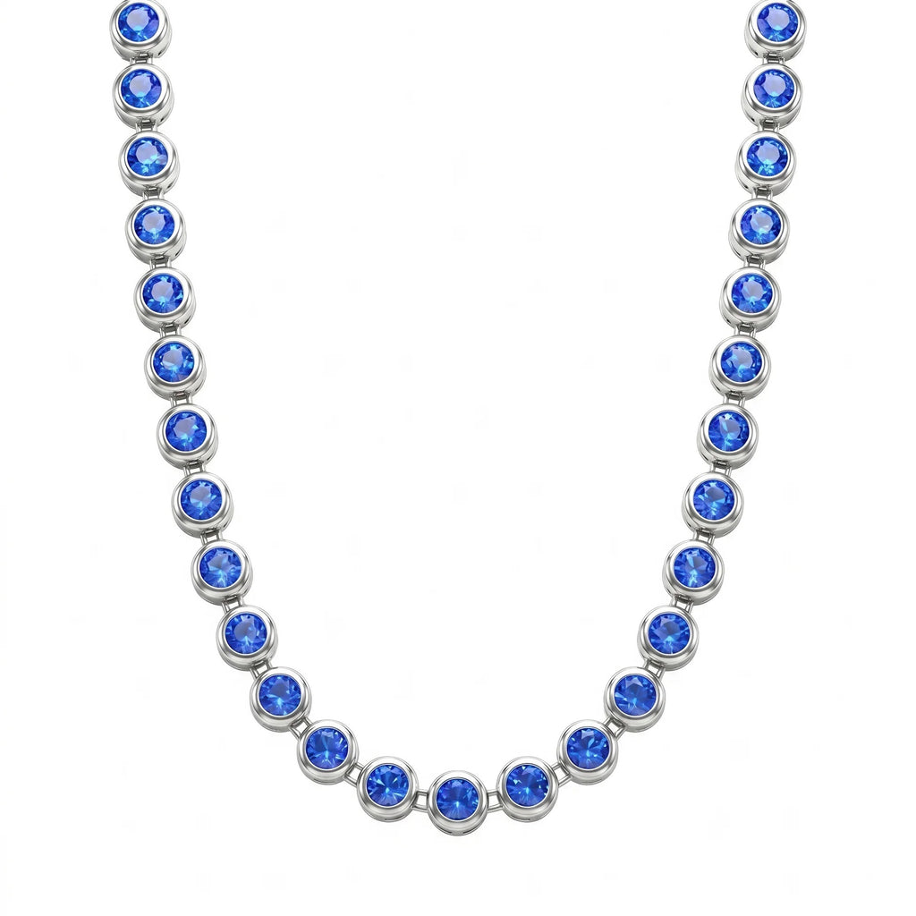 Fasssions Silver-Plated Blue Crystal Tennis Necklace for Women | Round Sapphire-Blue Cubic Zirconia Choker Necklace | Elegant Party & Wedding Jewelry Gift for Girls & Women