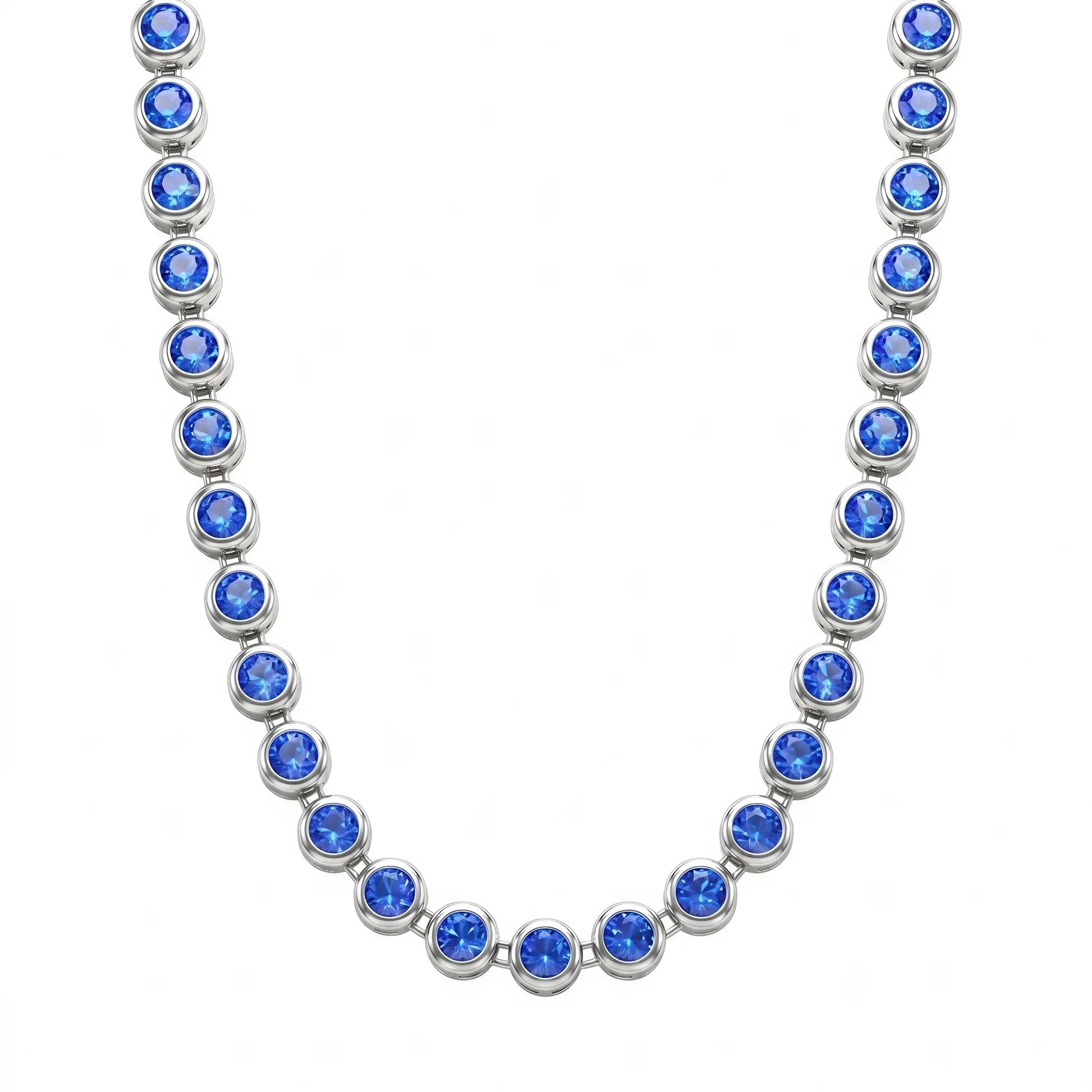 Fasssions Silver-Plated Blue Crystal Tennis Necklace for Women | Round Sapphire-Blue Cubic Zirconia Choker Necklace | Elegant Party & Wedding Jewelry Gift for Girls & Women