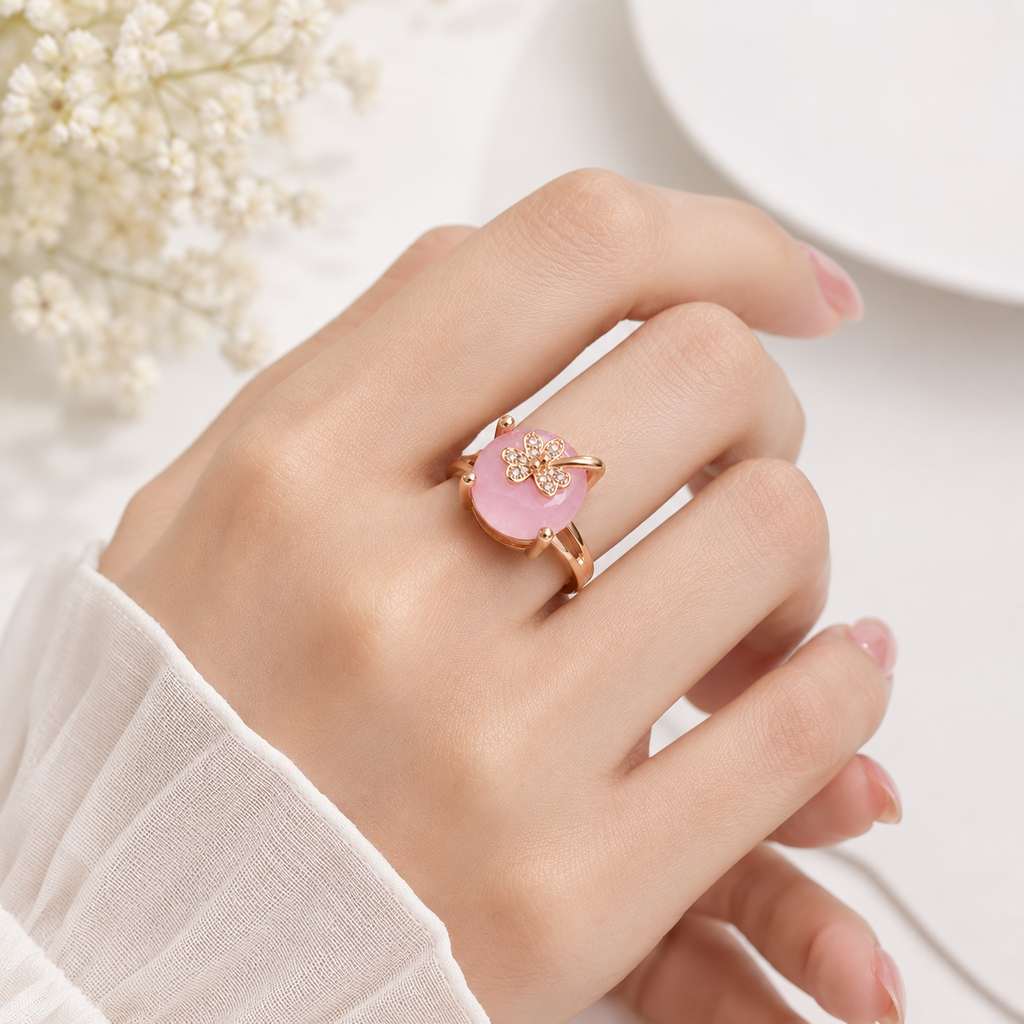 Rose Gold Butterfly Pink Crystal Ring for Women | Adjustable Finger Ring with Sparkling Pink Stone | Elegant Fashion Jewelry |