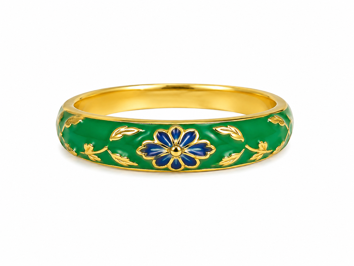 Green Enamel Ring for Women | Gold Tone Floral Flower Design Finger Ring | Pink Floral Designer Ring for Women & Girls | Traditional Ethnic Fashion Jewellery