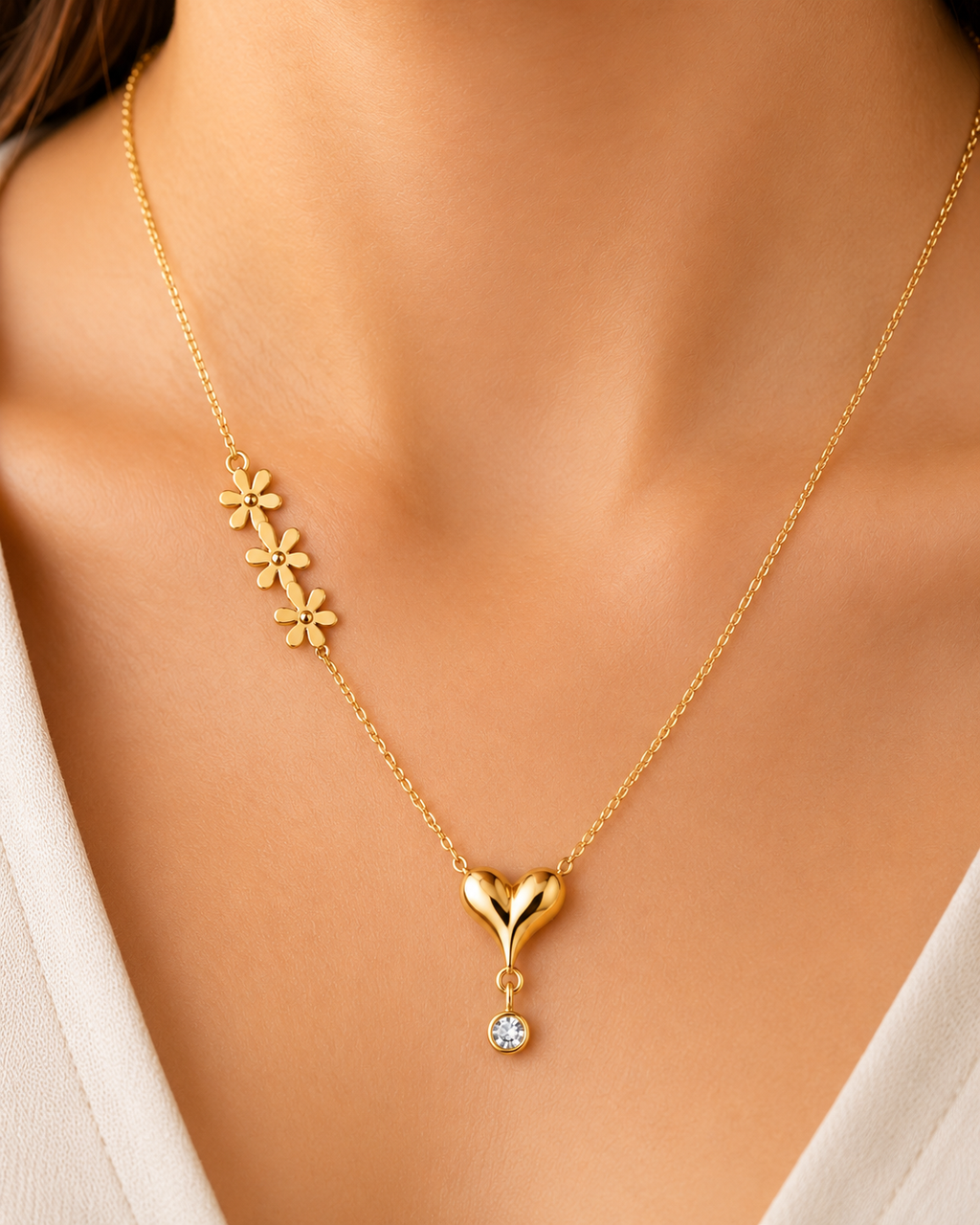 FASSSIONS Women’s Gold Tone Heart Pendant Necklace | Floral Charm Delicate Chain with Crystal Drop | Elegant Fashion Jewelry for Women & Girls