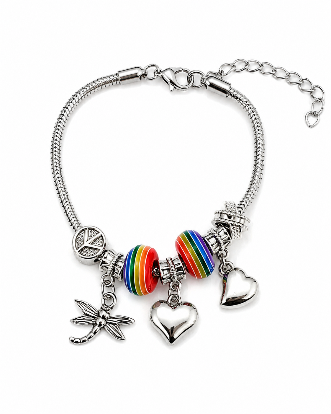 Rainbow Charm Bracelet for Women – Silver Plated Adjustable Bracelet with Heart Charms, Dragonfly Pendant & Colorful Beads | Fashion Jewelry Gift for Girls & Women