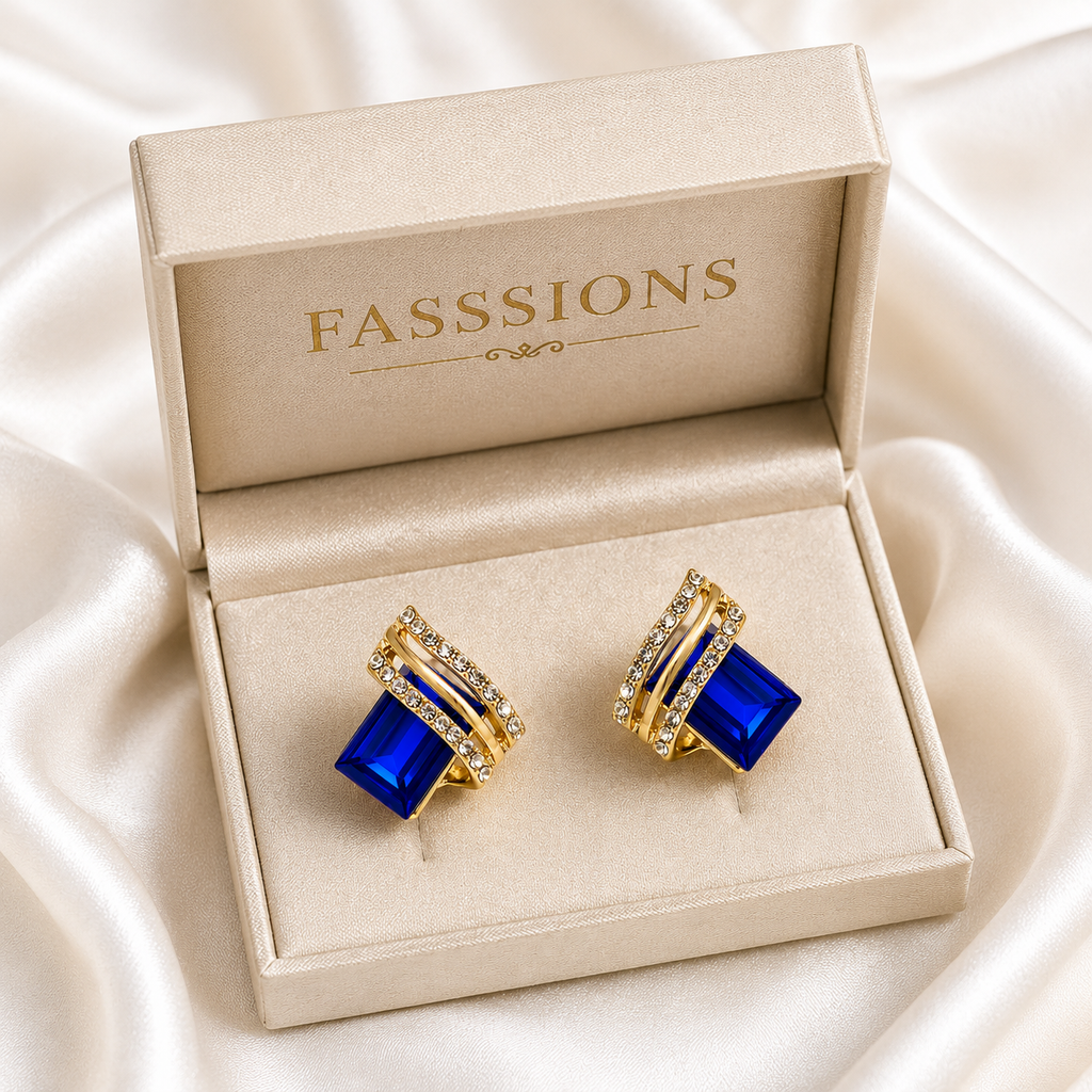 FASSSIONS Blue Crystal Stud Earrings for Women | Gold Plated Geometric Square Earrings | Korean Style Rhinestone Statement Earrings