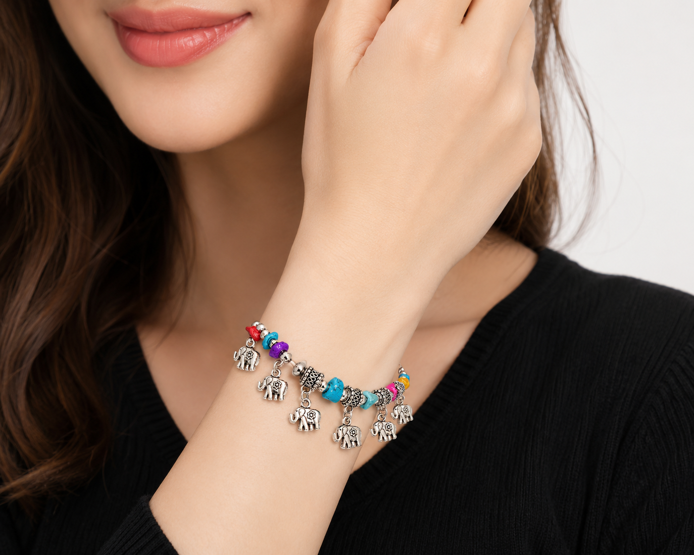 Boho Elephant Charm Bracelet for Women | Multicolor Stone Beads & Silver-Plated Adjustable Chain Bracelet | Fashion Jewelry Gift for Girls & Women