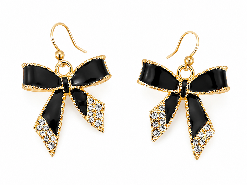 Black Bow Crystal Drop Earrings for Women | Gold-Plated Ribbon Bow Knot Dangle Earrings with Rhinestones | Fashion Jewelry