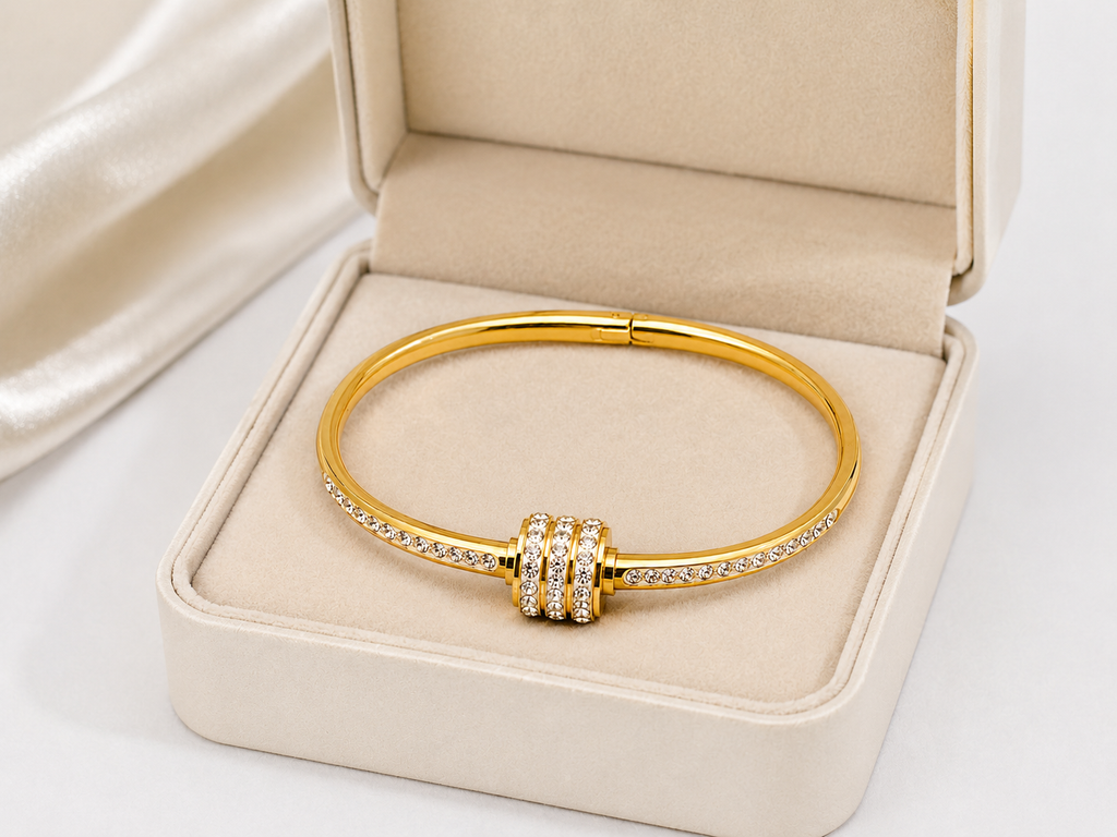 Elegant Gold-Plated Open Cuff Bracelet for Women with Crystal Studded Accent | Adjustable Fashion Bangle for Daily, Party & Wedding