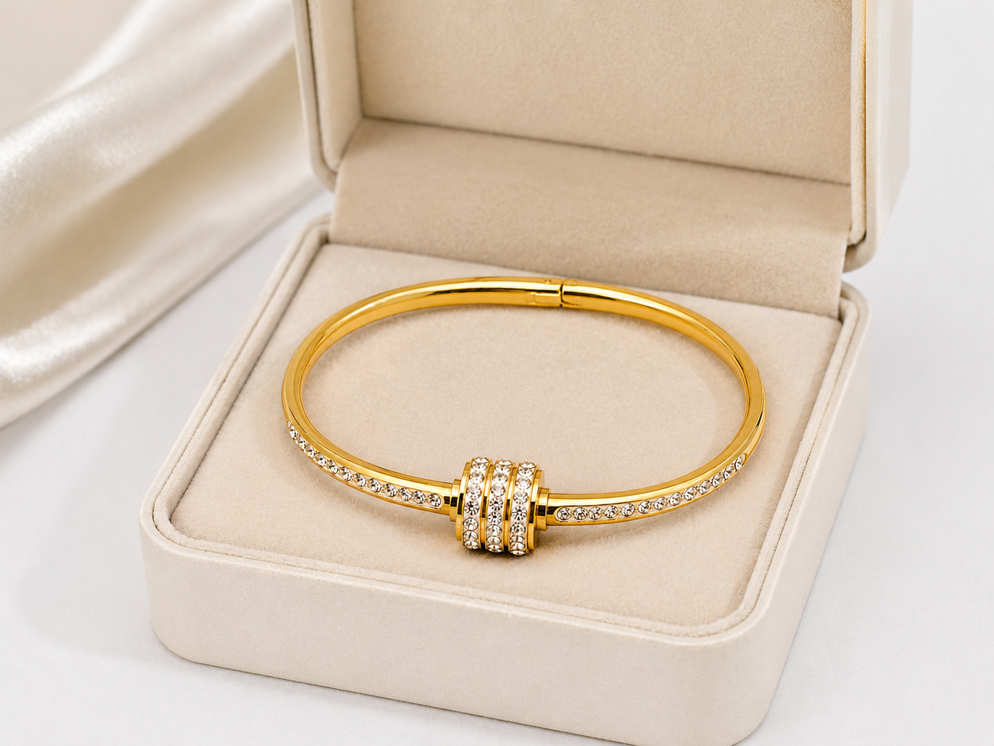 Elegant Gold-Plated Open Cuff Bracelet for Women with Crystal Studded Accent | Adjustable Fashion Bangle for Daily, Party & Wedding