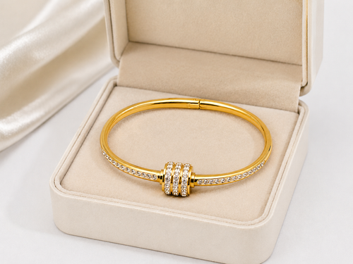 Elegant Gold-Plated Open Cuff Bracelet for Women with Crystal Studded Accent | Adjustable Fashion Bangle for Daily, Party & Wedding