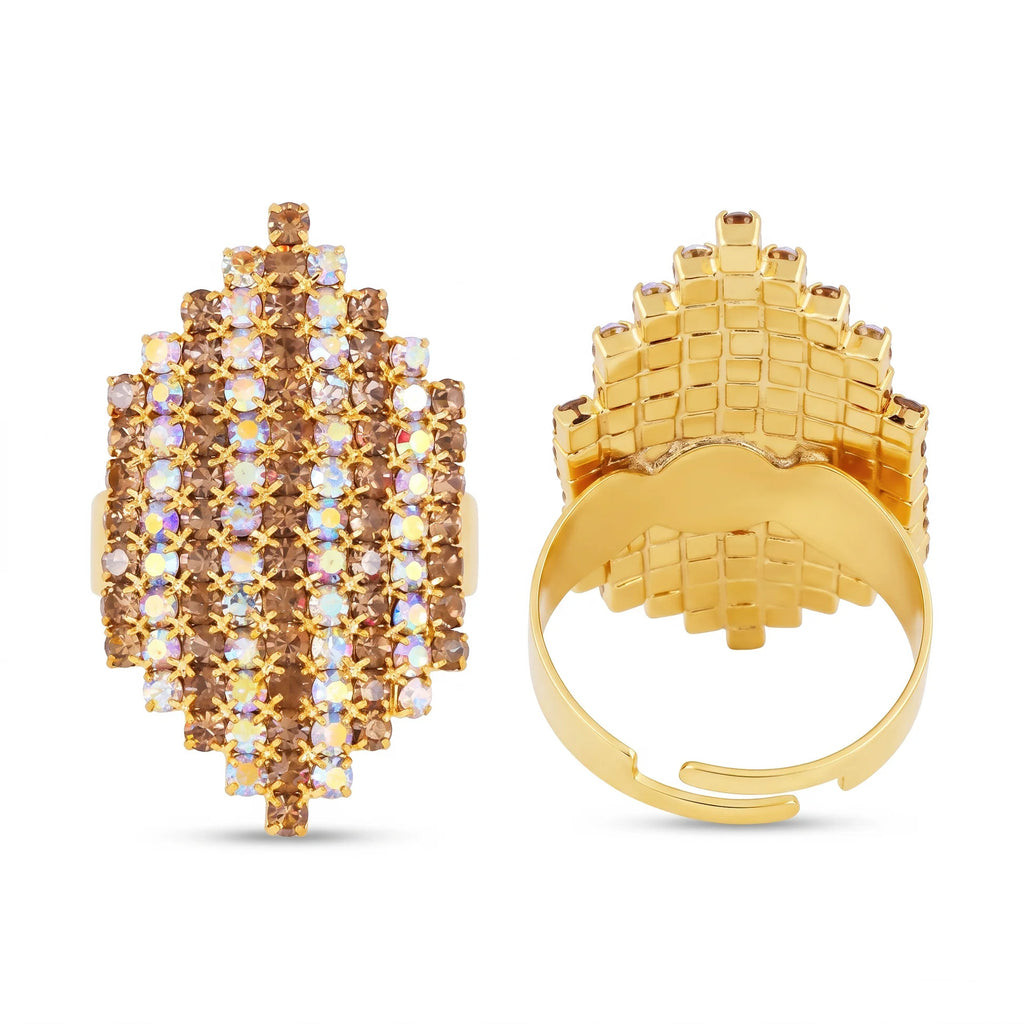 Fasssions Gold Plated Crystal Statement Ring for Women & Girls | Adjustable Cocktail Ring | Sparkling Rhinestone Fashion Ring | Party Wear Finger Ring
