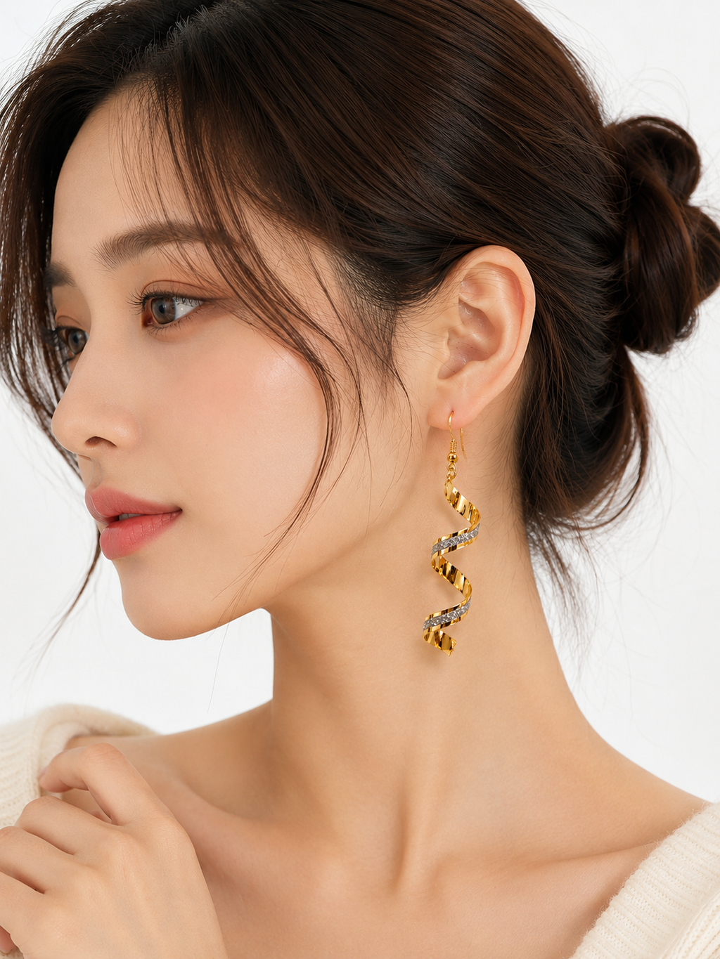 Korean Style Gold Spiral Drop Earrings for Women – Elegant Twisted Dangle Earrings with Crystal Accent | Lightweight Fashion Jewelry for Girls & Women