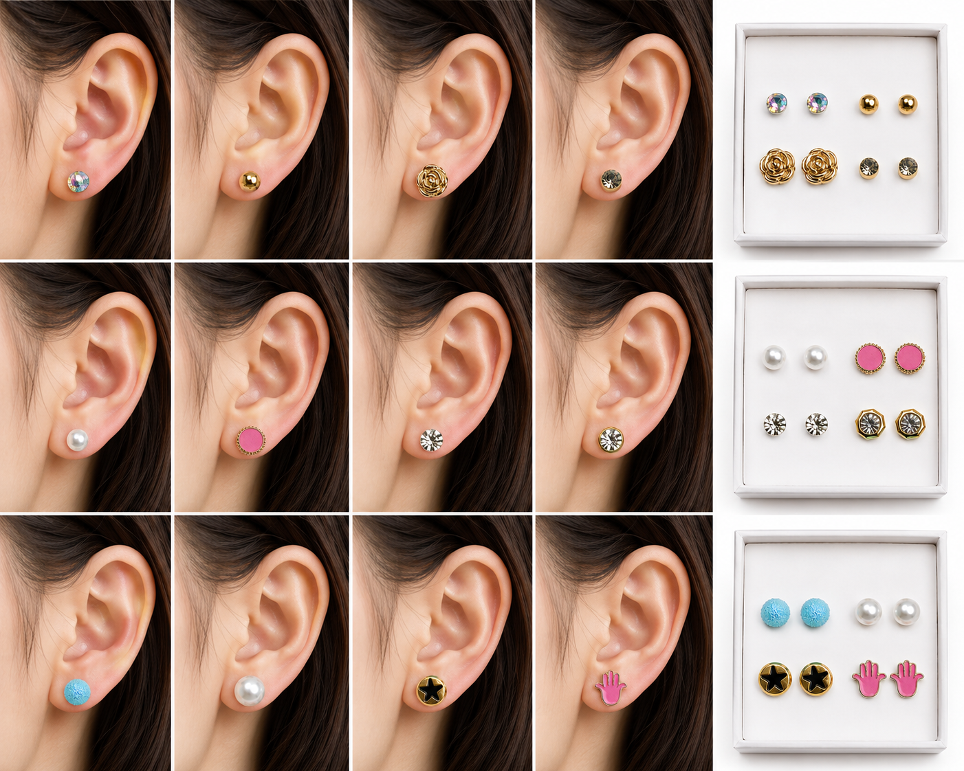 Korean 12 Pairs Earring Combo Set for Women & Girls | Pearl, Crystal, Floral, Star & Geometric Stud Earrings Collection