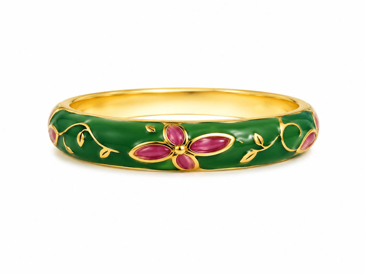 Green Enamel Ring for Women | Gold Tone Floral Flower Design Finger Ring | Pink Floral Designer Ring for Women & Girls | Traditional Ethnic Fashion Jewellery