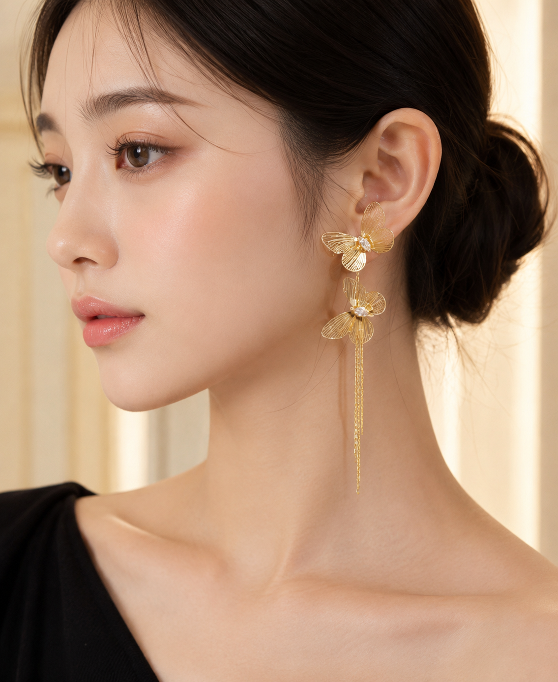 Perfect for Every FASSSIONS Korean Gold Butterfly Drop Earrings for Women | Double Butterfly Tassel Dangle Earrings with Crystal Stone | Lightweight Statement Party Earrings
