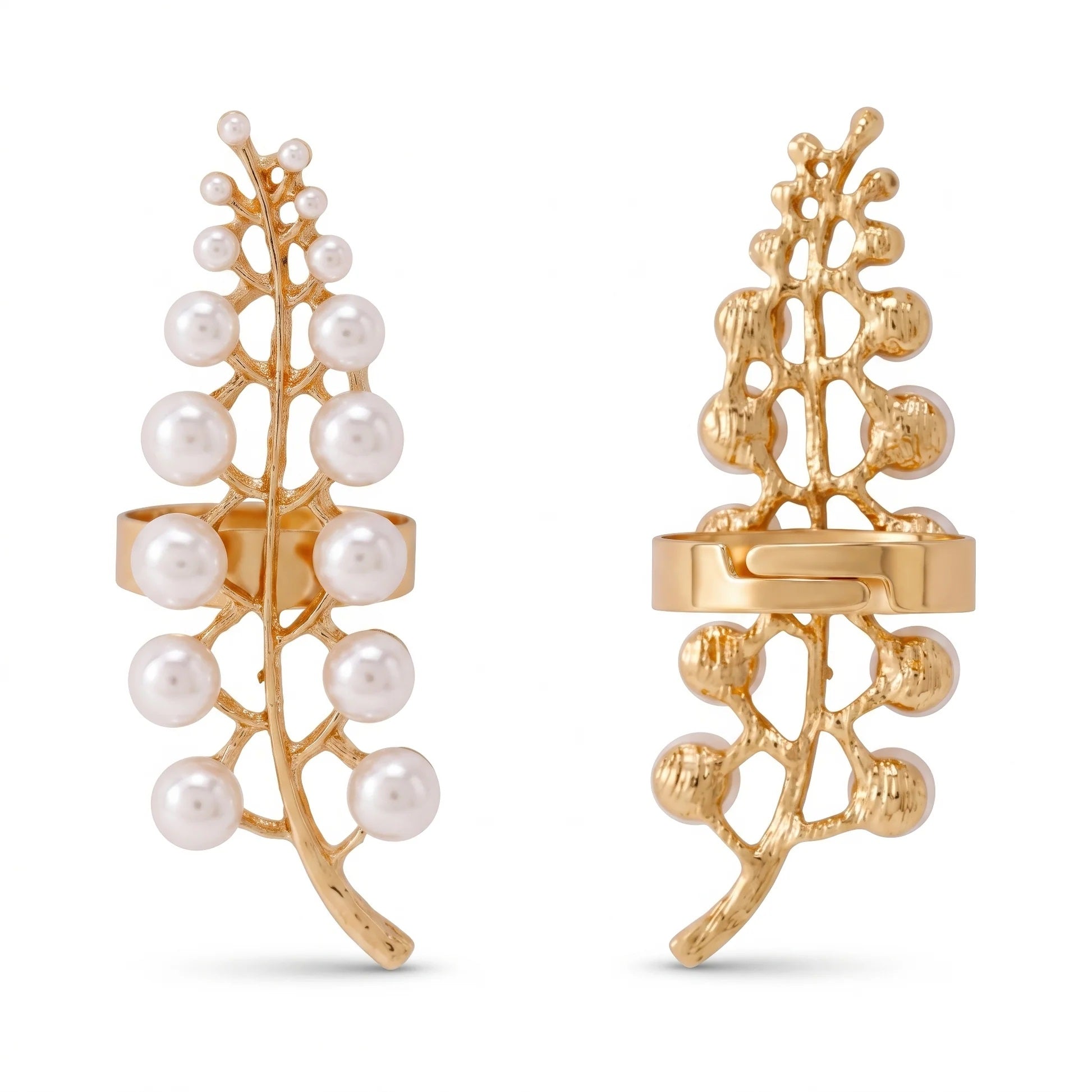 Fasssions Gold-Tone Pearl Leaf Adjustable Ring for Women | Elegant Statement Open Ring | Fashion Jewelry Gift