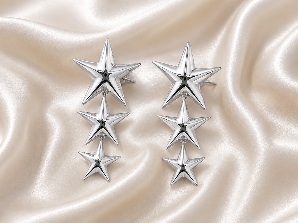 Korean Triple Star Drop Earrings for Women | Silver colored-Plated Star Dangle Earrings | Trendy Korean Fashion Statement Earrings Fashion Jewelry for Girls & Women