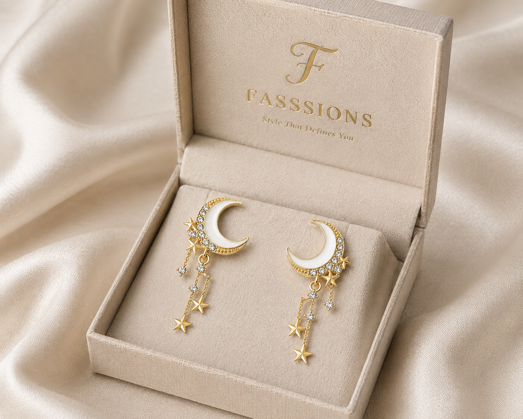 FASSSIONS Korean Crescent Moon & Star Drop Earrings for Women | White Enamel Gold-Plated Stud Earrings | Rhinestone Celestial Dangle Earrings