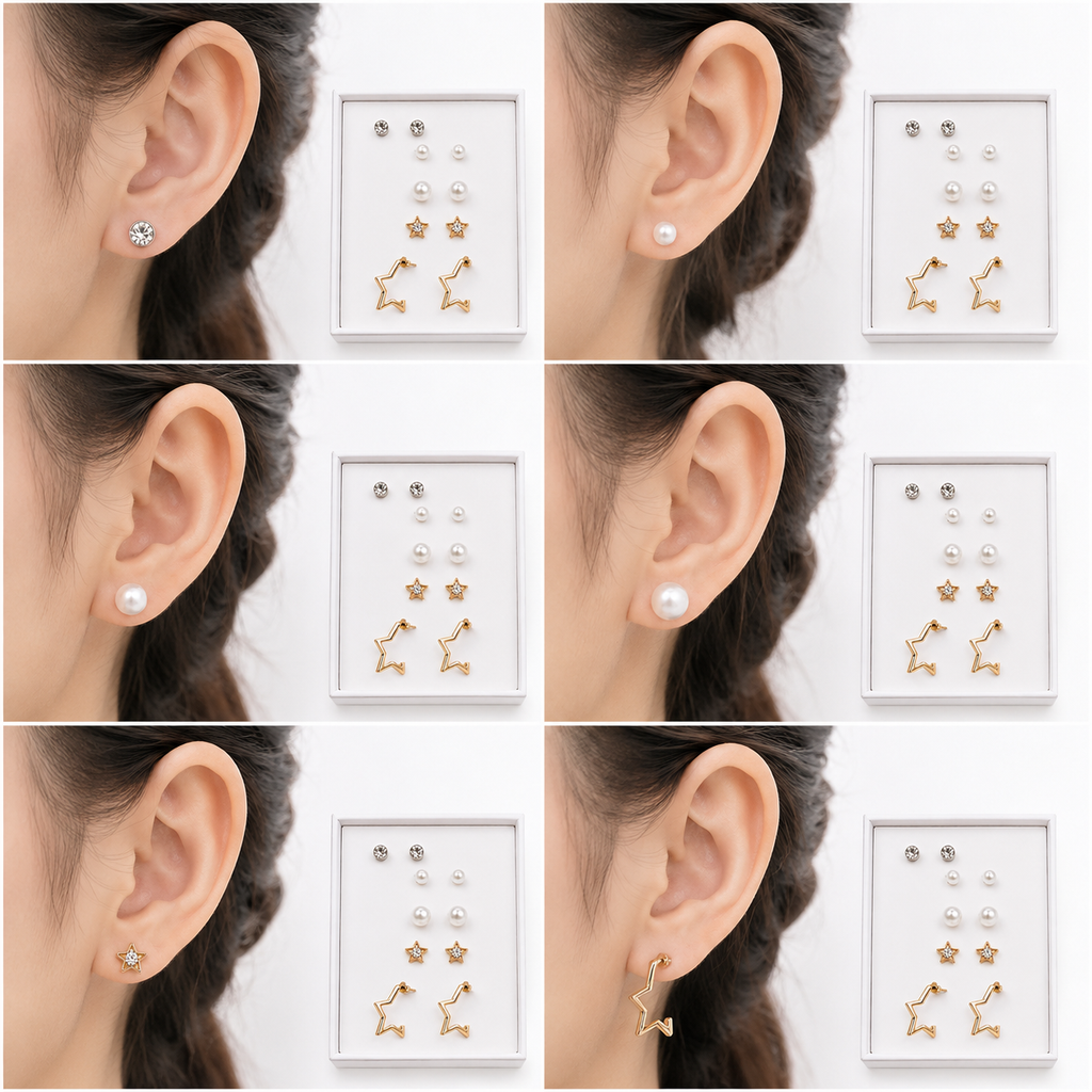 6 Pairs Earring Combo Set for Women & Girls | Crystal Studs, Pearl Earrings, Star Studs & Gold Star Hoop Earrings | Fashion Jewelry for Girls & Women
