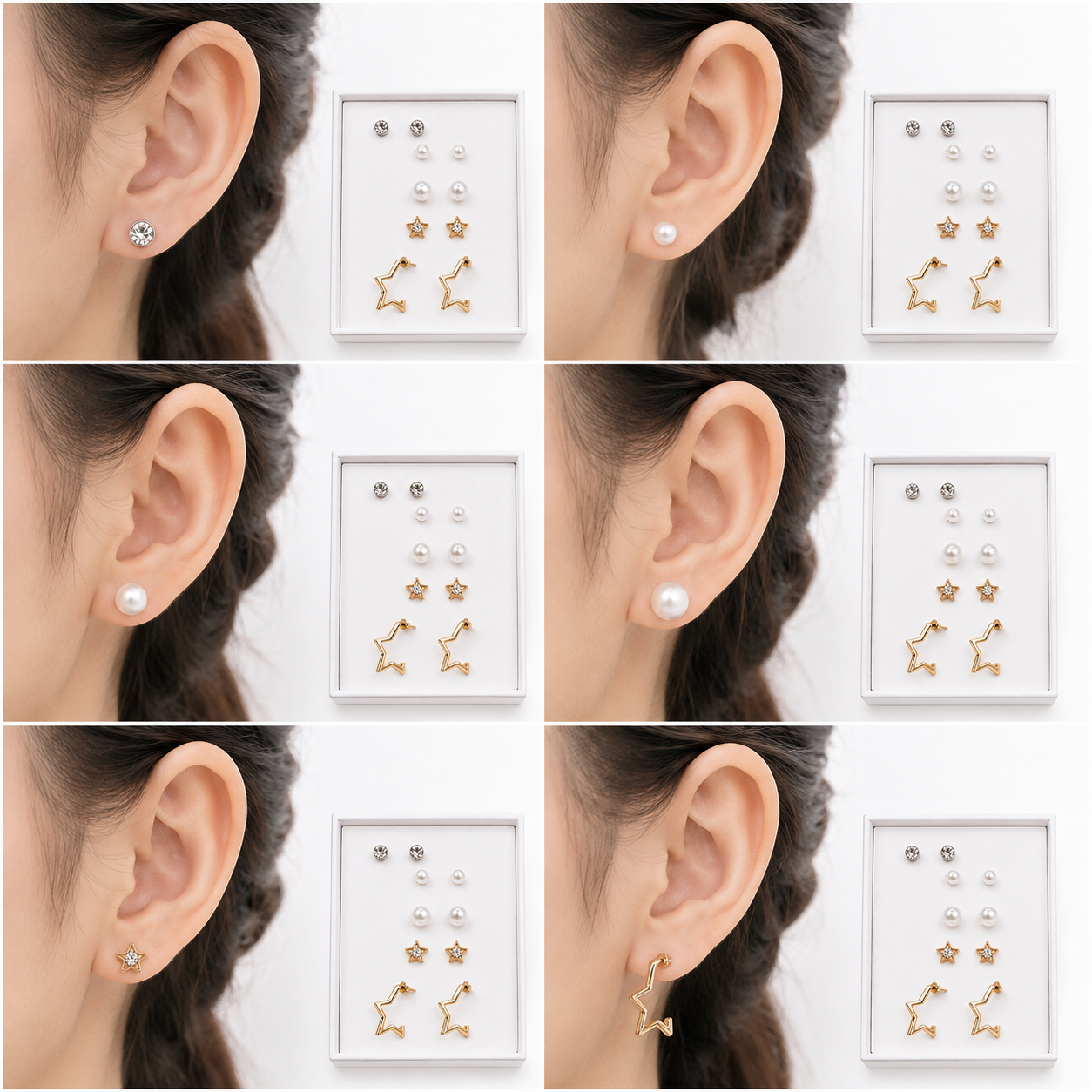 6 Pairs Earring Combo Set for Women & Girls | Crystal Studs, Pearl Earrings, Star Studs & Gold Star Hoop Earrings | Fashion Jewelry for Girls & Women