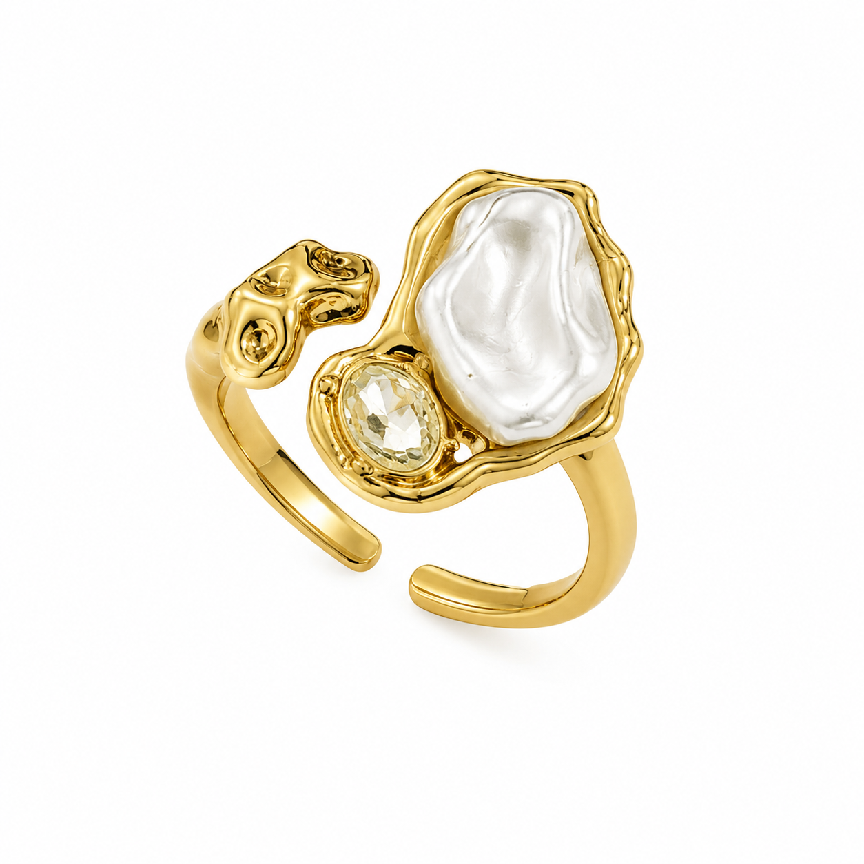 Adjustable Pearl Ring for Women | Gold-Tone Statement Ring with Pearl & Crystal | Elegant Open Finger Ring for Women