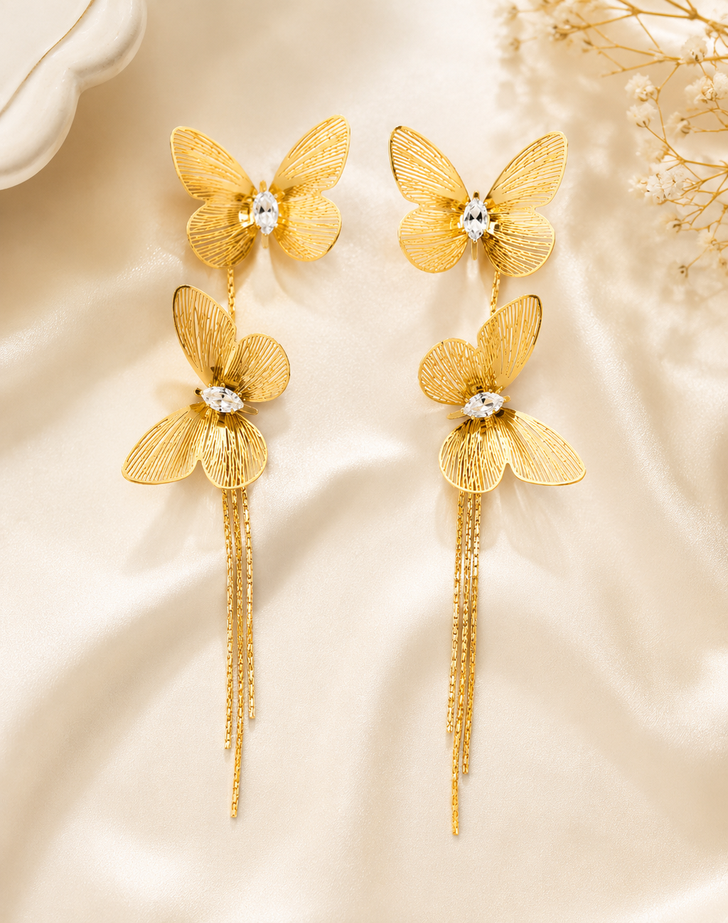 Perfect for Every FASSSIONS Korean Gold Butterfly Drop Earrings for Women | Double Butterfly Tassel Dangle Earrings with Crystal Stone | Lightweight Statement Party Earrings