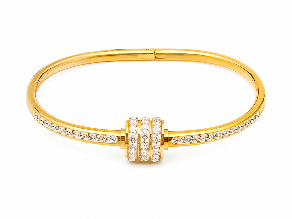 Elegant Gold-Plated Open Cuff Bracelet for Women with Crystal Studded Accent | Adjustable Fashion Bangle for Daily, Party & Wedding