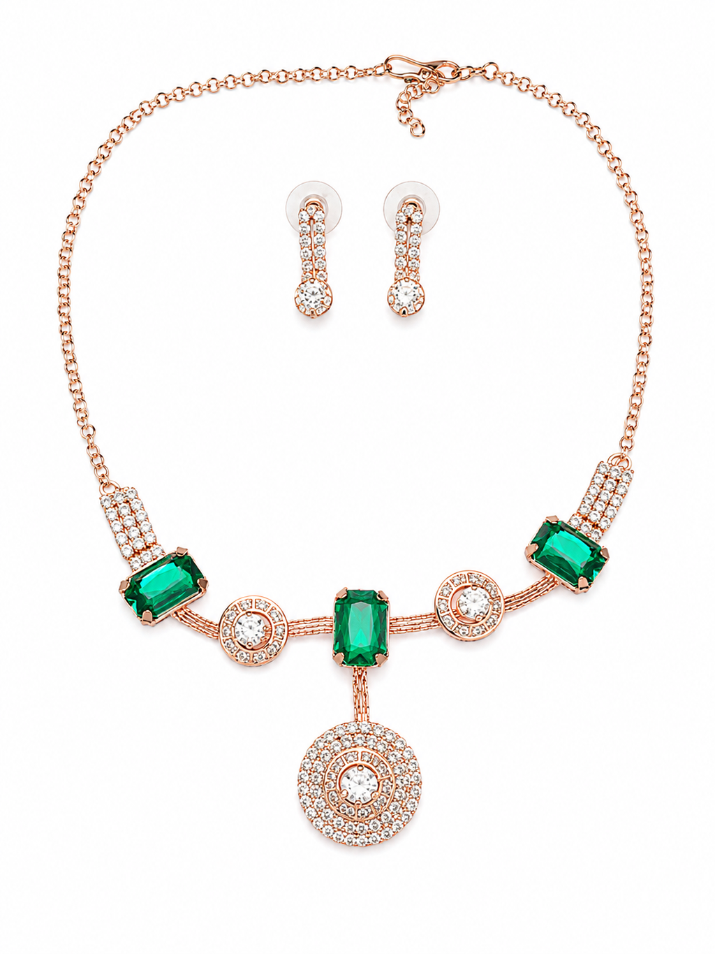 FASSSIONS Rose Gold Plated Emerald Green Crystal Necklace Set for Women | Premium CZ Diamond Pendant Necklace with Matching Earrings