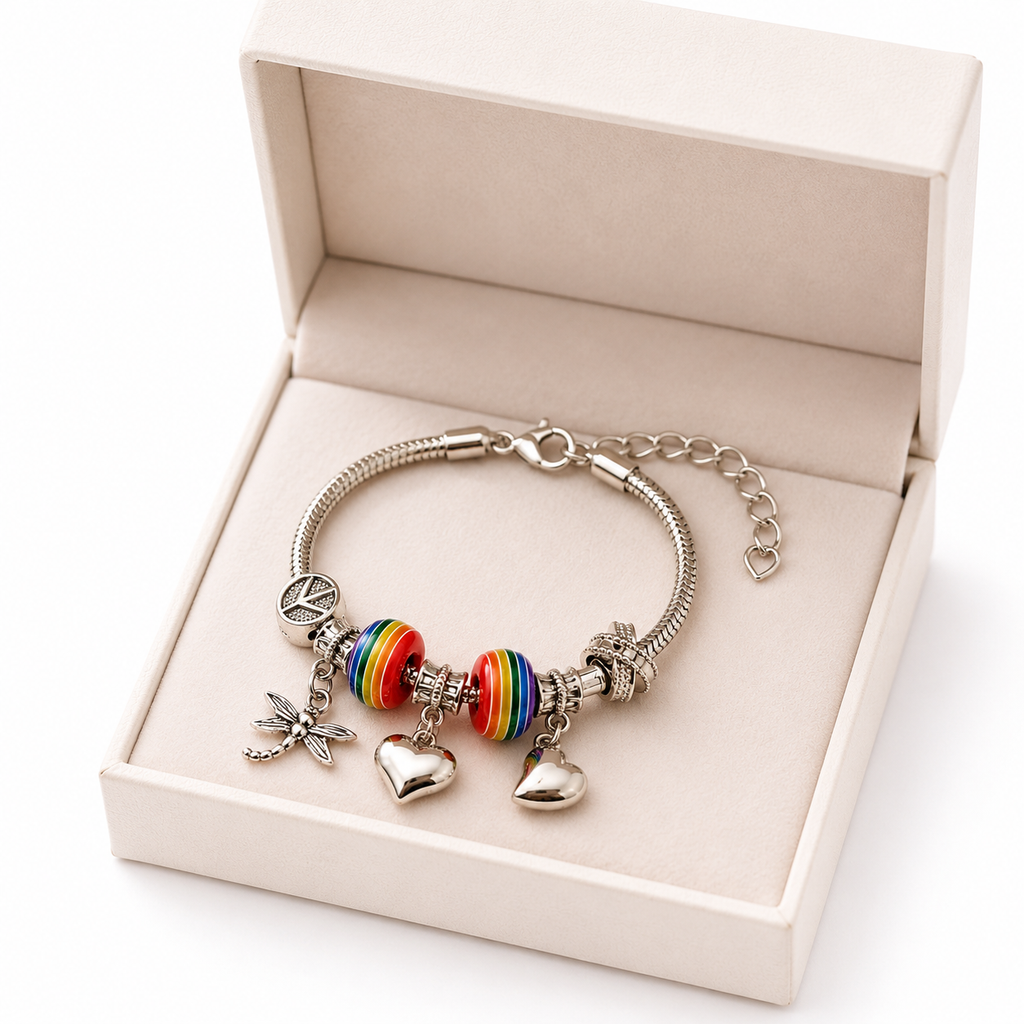 Rainbow Charm Bracelet for Women – Silver Plated Adjustable Bracelet with Heart Charms, Dragonfly Pendant & Colorful Beads | Fashion Jewelry Gift for Girls & Women