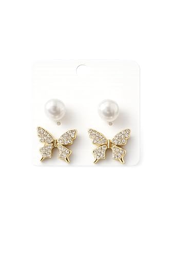 Stylish Butterfly Pearl Stud Earrings for Women | Gold Plated Crystal Butterfly Earrings with Pearl Tops | Korean Fashion Earrings