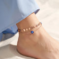 Fasssions Women's Rose Gold Evil Eye Anklet | Double Layer Adjustable Anklet with Blue Evil Eye Charms | Fashion Foot Jewelry for Women & Girls