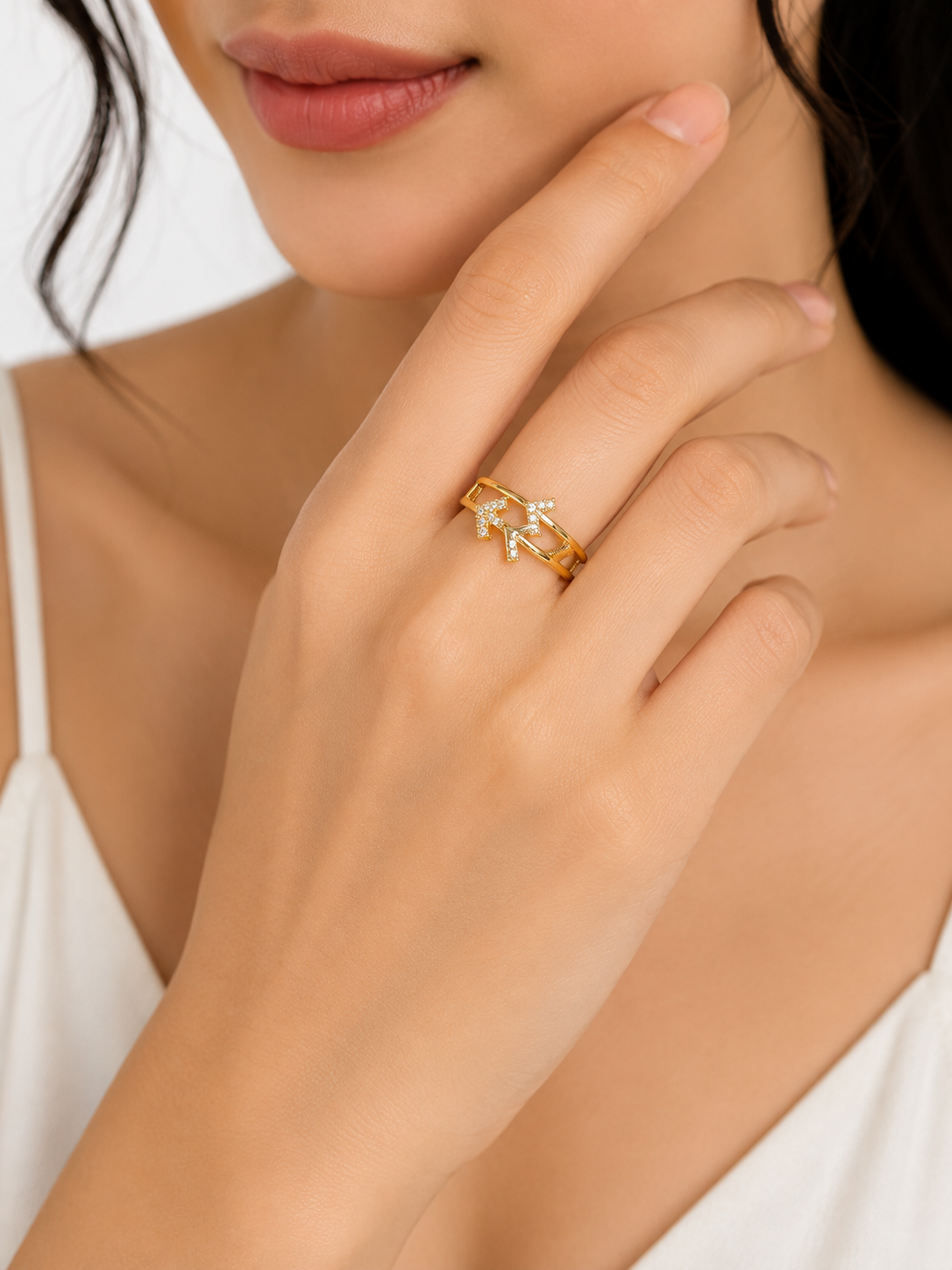 FASSSIONS Gold Plated Arrow Adjustable Ring for Women | CZ Crystal Open Finger Ring | Korean Style Fashion Jewelry | Adjustable Size