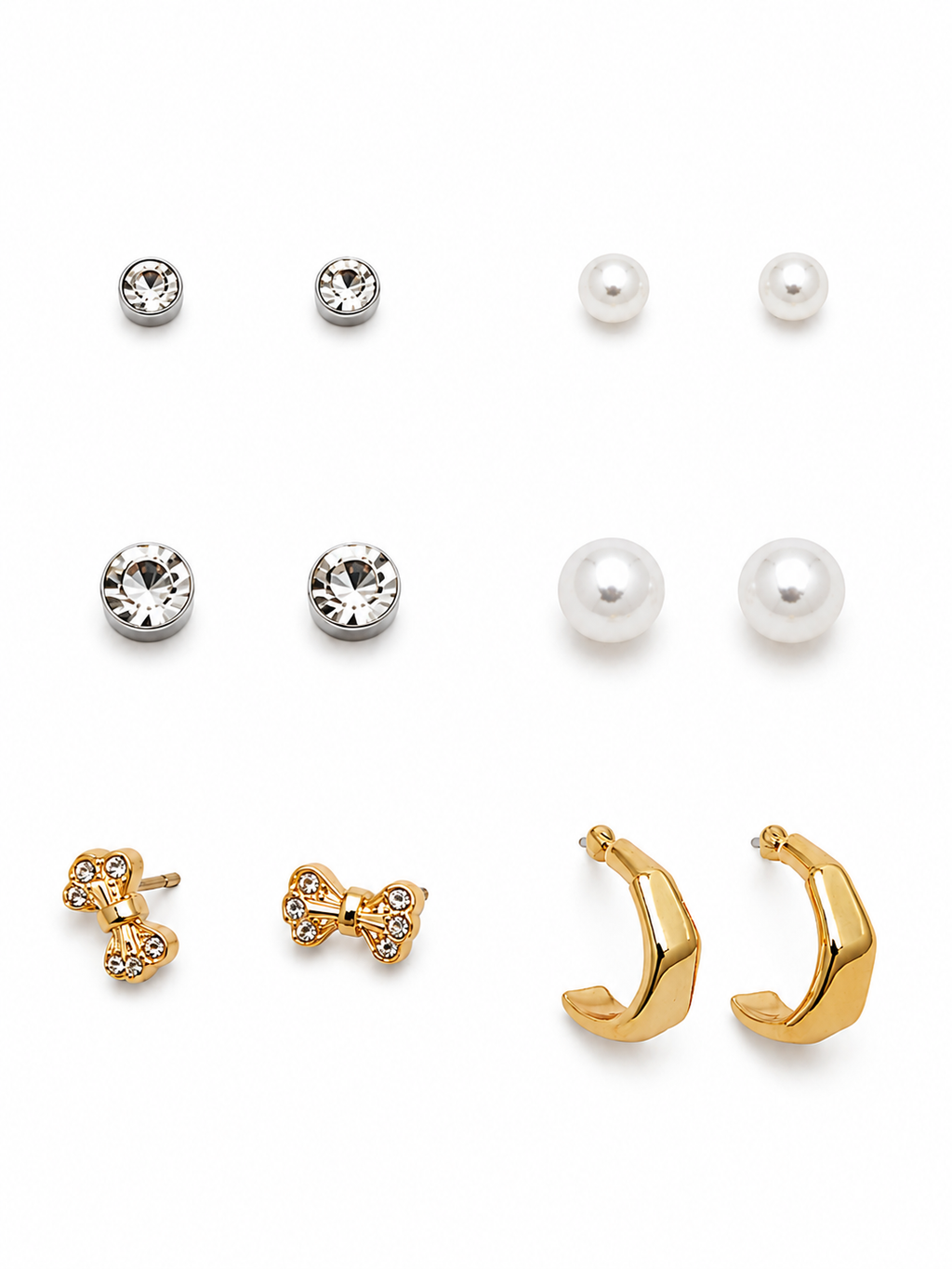 Earring Combo Set of 6 for Women & Girls | Crystal Studs, Pearl Earrings, Bow Crystal Studs & Chunky Gold Hoop Earrings | Korean Style Fashion Jewelry Collection