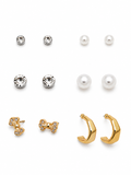 Earring Combo Set of 6 for Women & Girls | Crystal Studs, Pearl Earrings, Bow Crystal Studs & Chunky Gold Hoop Earrings | Korean Style Fashion Jewelry Collection