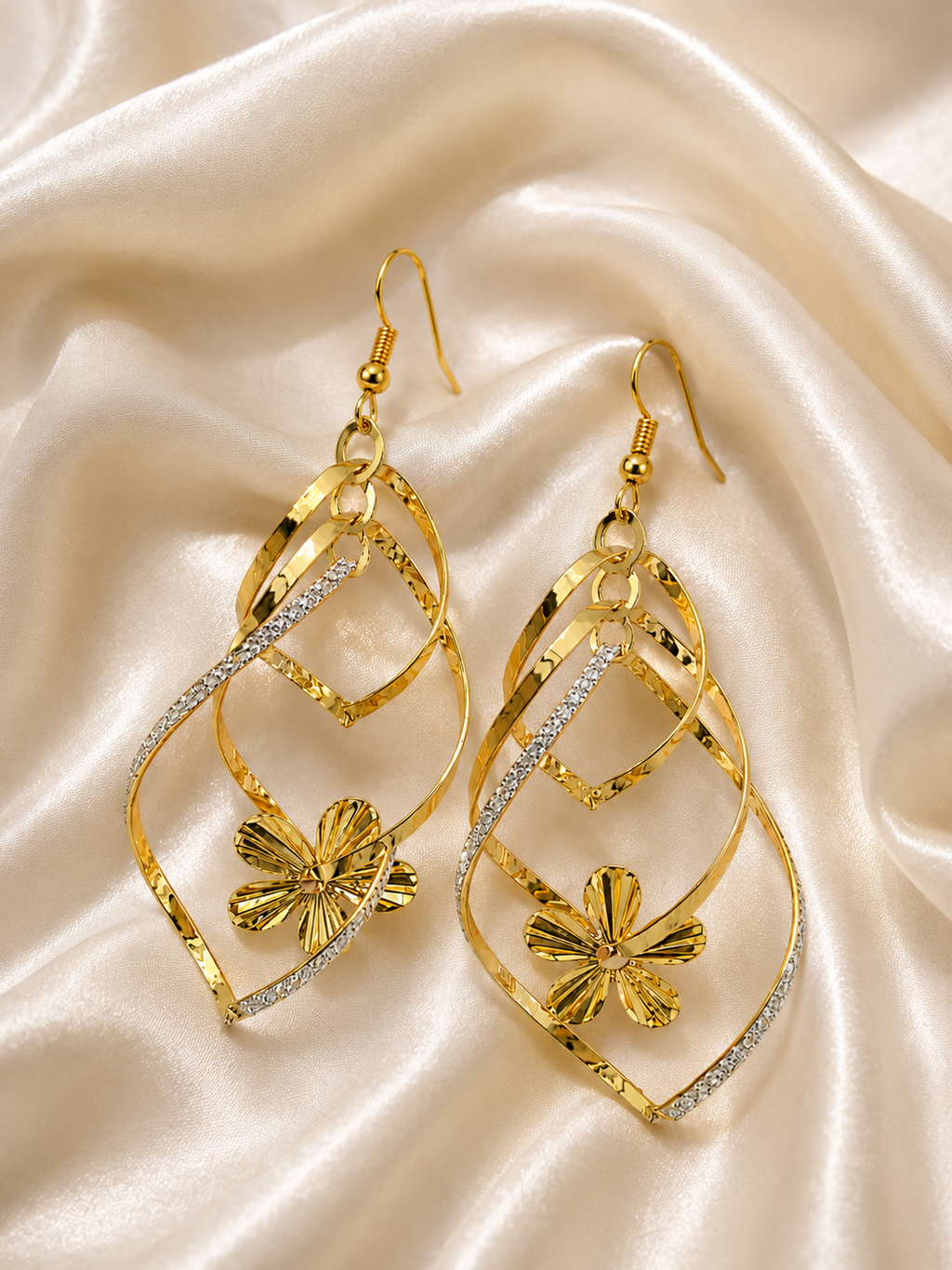 Korean Gold-Plated Geometric Floral Dangle Earrings for Women | Elegant Drop Earrings | Lightweight Fashion Jewellery