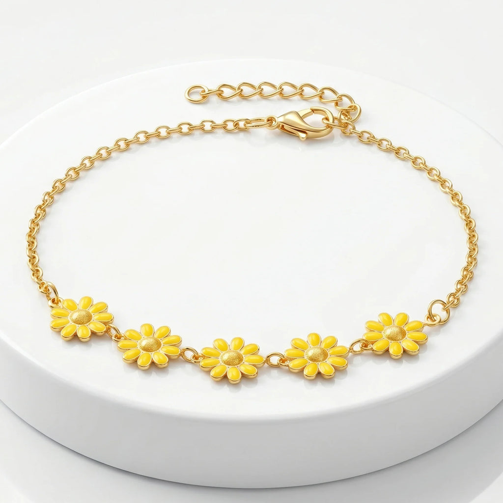 Fasssions Gold Plated Yellow Daisy Flower Anklet for Women & Girls | Adjustable Chain Anklet | Floral Charm Ankle Bracelet