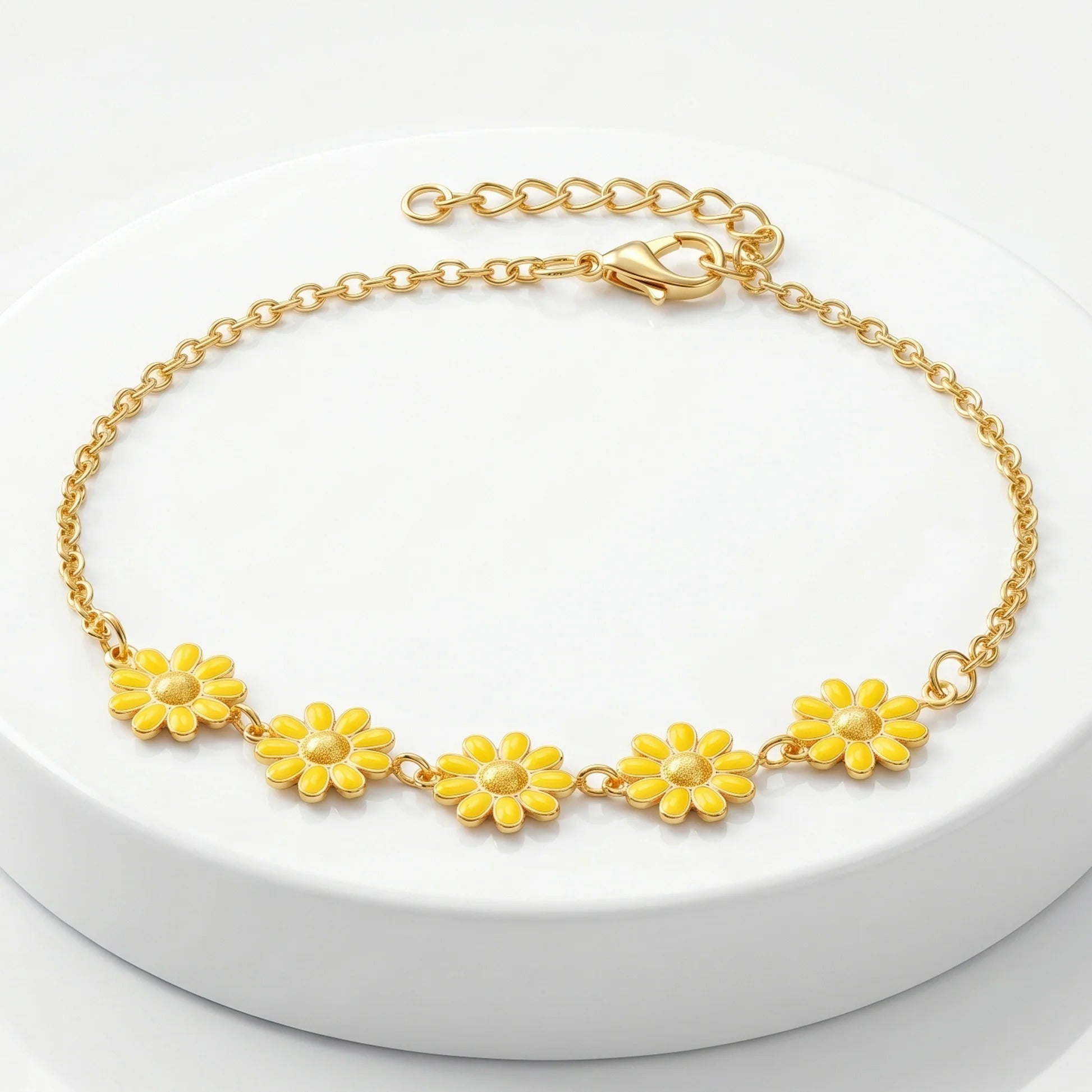 Fasssions Gold Plated Yellow Daisy Flower Anklet for Women & Girls | Adjustable Chain Anklet | Floral Charm Ankle Bracelet