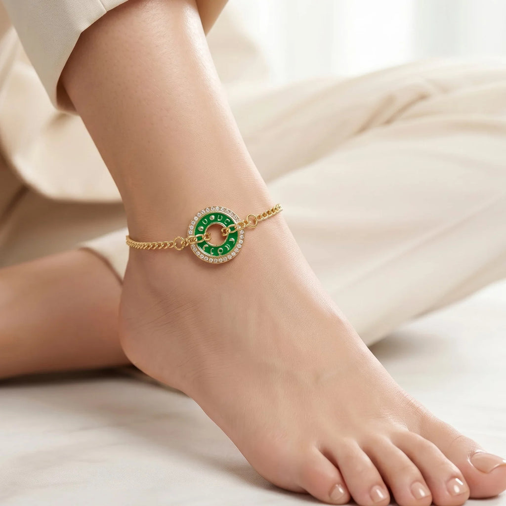 Fasssions Gold Plated Green Evil Eye Circle Anklet for Women & Girls | Adjustable Chain Ankle Bracelet | Crystal Studded Lucky Charm Anklet