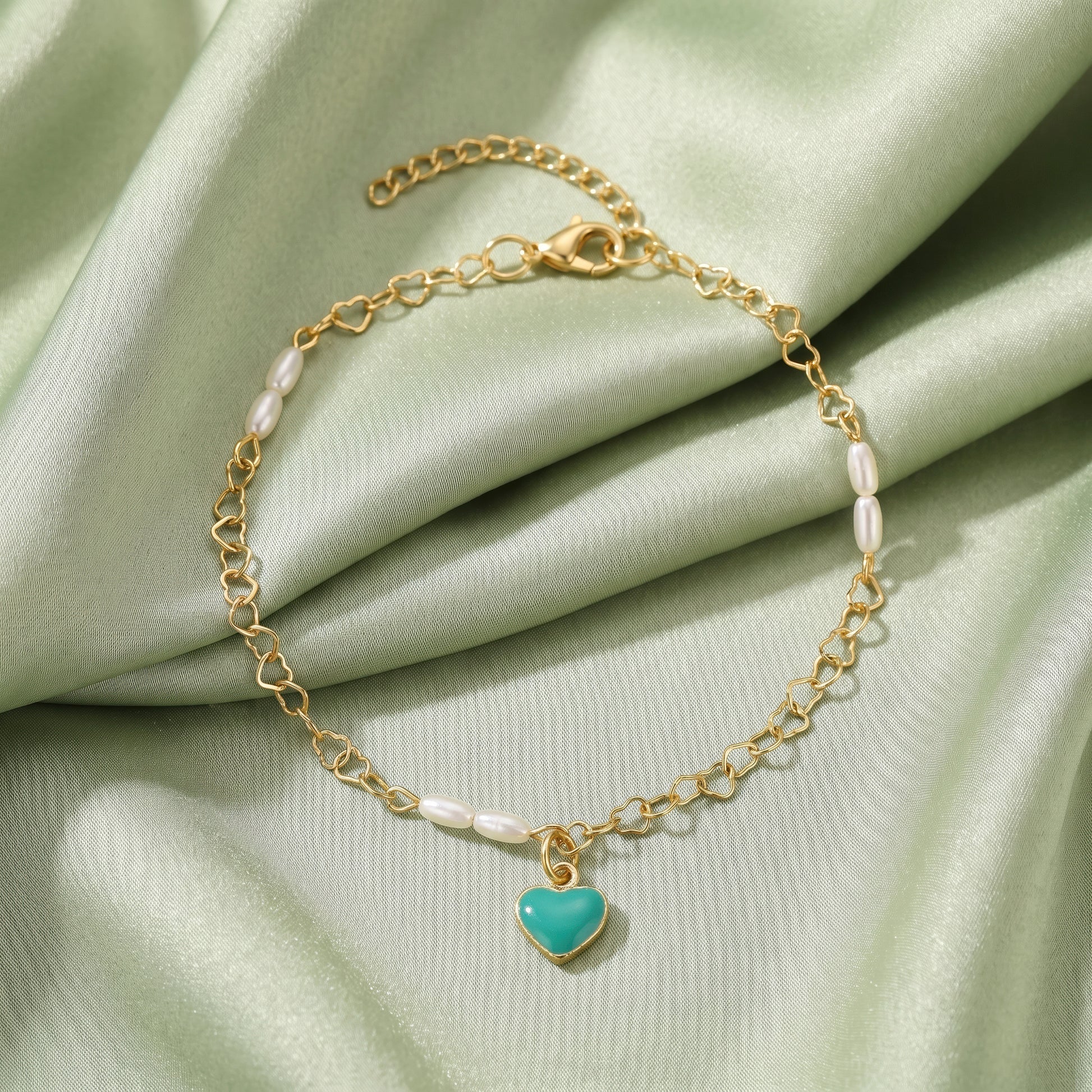 Fasssions Women's Gold Plated Heart Charm Anklet with Pearl Accents | Adjustable Delicate Chain Anklet | Elegant Fashion Foot Jewelry for Women & Girls