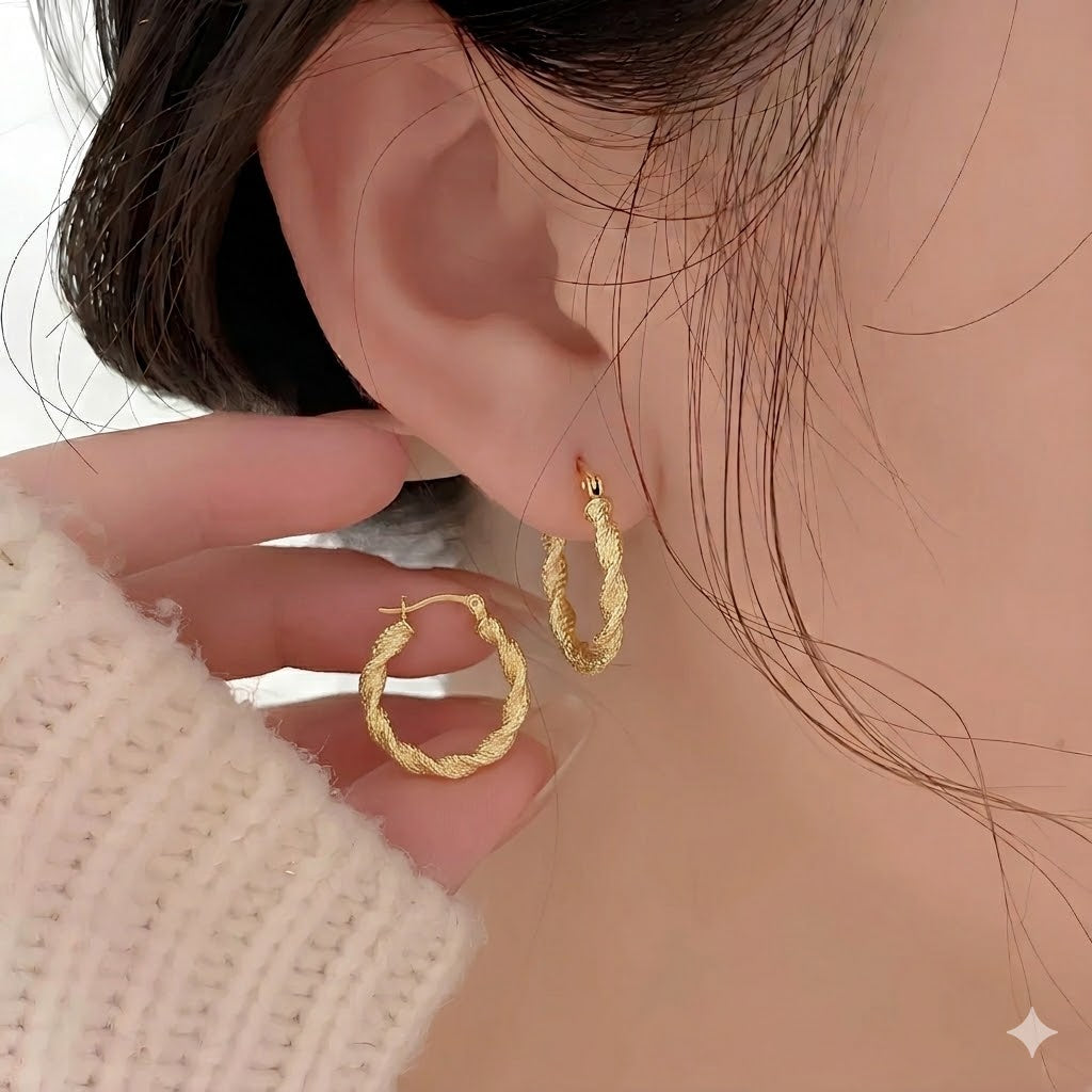 Korean Gold Twisted Hoop Earrings for Women | Textured Rope Design Hoop Earrings | Lightweight Trendy Small Hoops | Stylish Stud Jewelry for Girls & Women