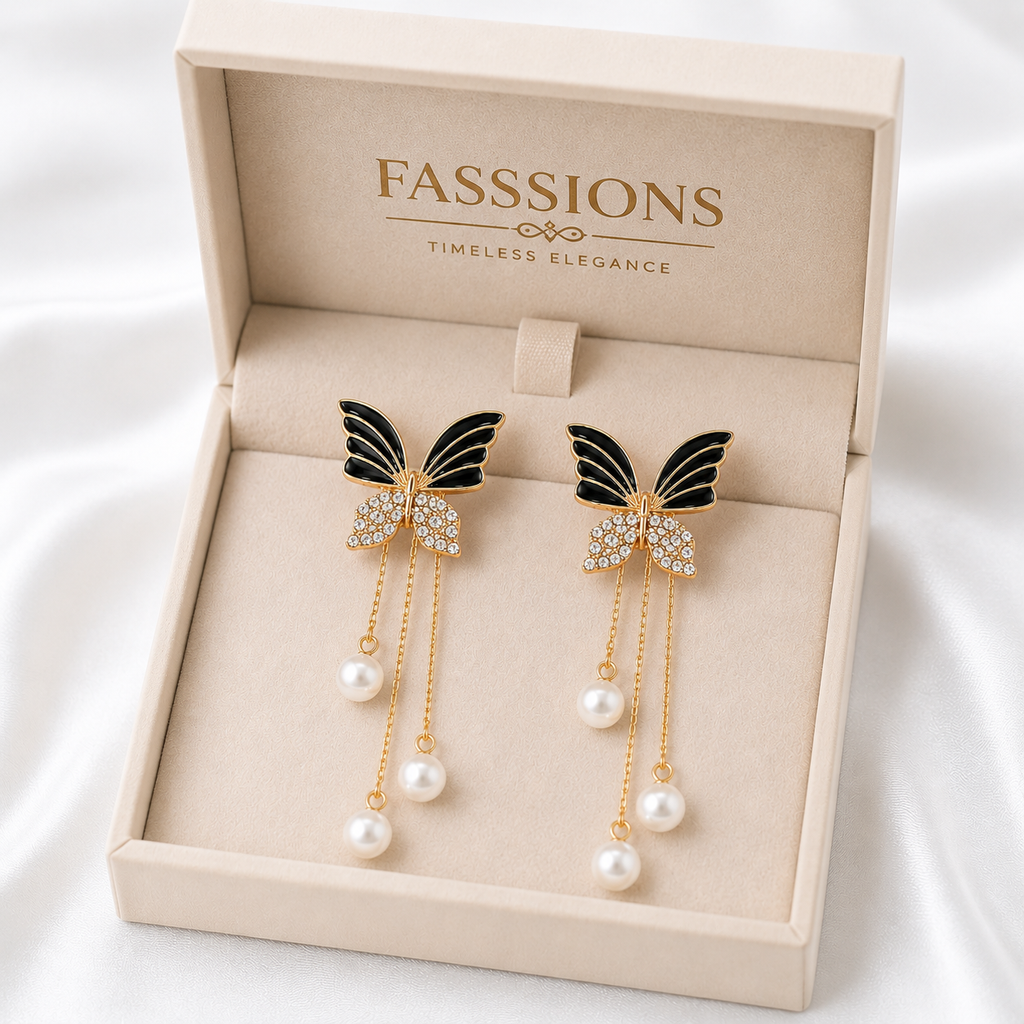FASSSIONS Butterfly Pearl Tassel Earrings for Women | Korean Style Black Enamel & Rhinestone Butterfly Long Drop Earrings | Gold Plated Fashion Statement Jewelry for Party, Wedding & Festive Wear