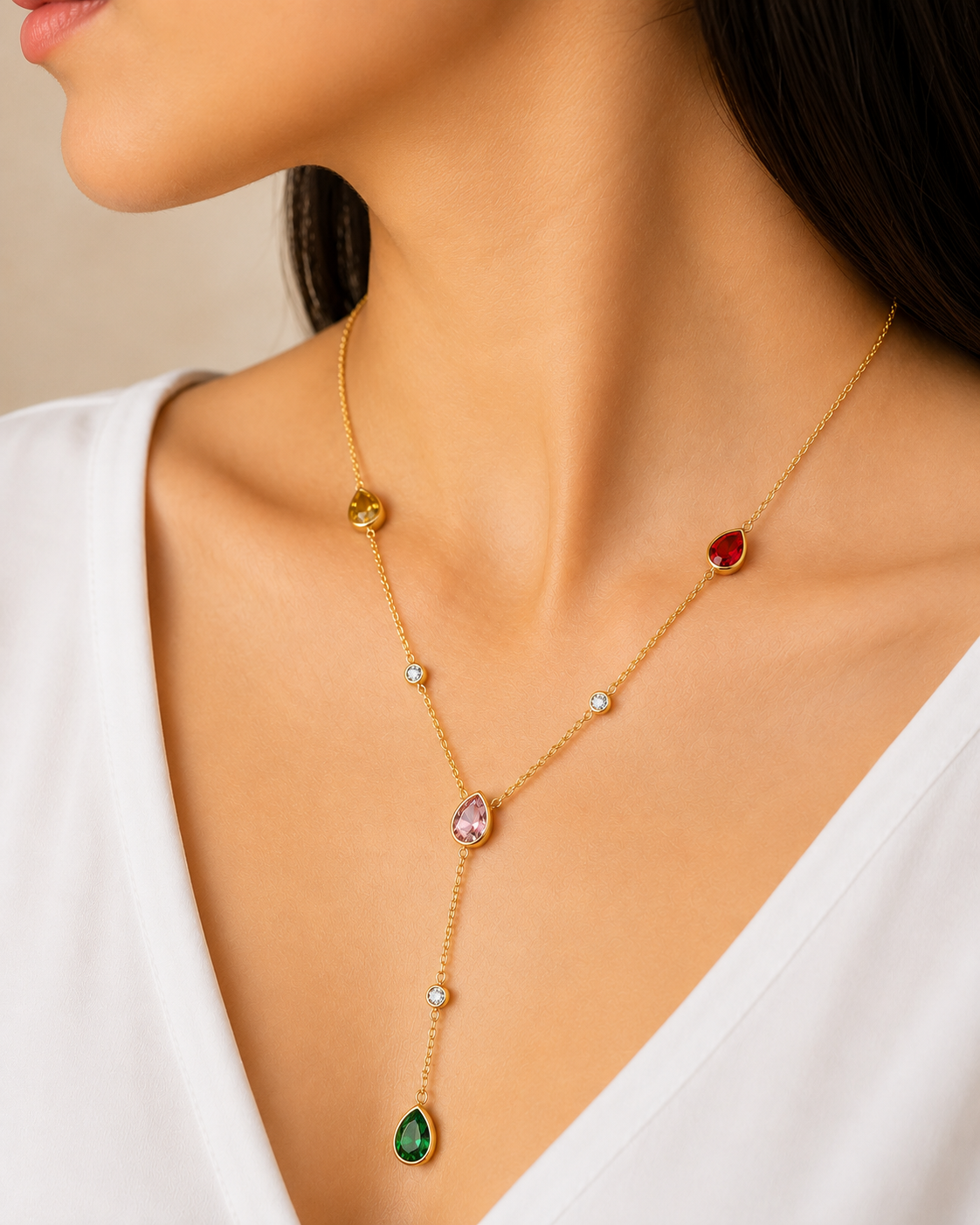 Women’s Gold Tone Multicolor Gemstone Y Necklace | Y Shaped Lariat Pendant Chain with Pink, Red, Green & Yellow Stones