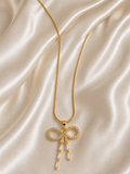 FASSSSION Gold-Plated Bow Pendant Necklace for Women | Premium Crystal Bow Design Pendant with Elegant Chain | Lightweight Fashion Jewelry for Daily Wear, Party & Gift
