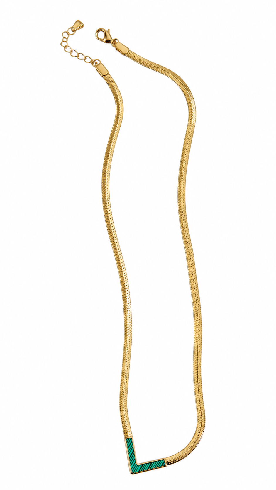 FASSSSION Gold-Plated V Shape Snake Chain Necklace for Women | Premium Green Enamel Geometric Pendant