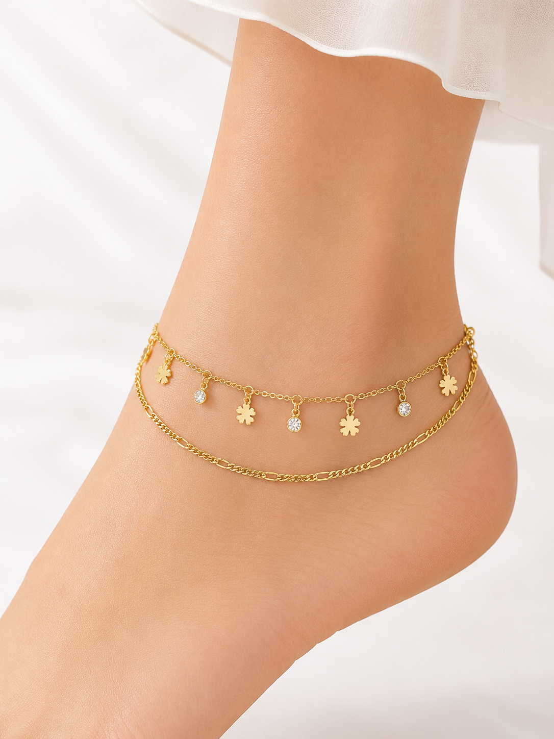 Women's Gold Plated Double Layer Charm Anklet | Crystal & Floral Charm Adjustable Ankle Bracelet | Dainty Fashion Anklet for Girls & Women