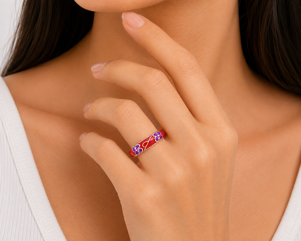 Women’s Gold Tone Red & Purple Enamel Meenakari Ring | Geometric Diamond Design Fashion Finger Ring | Stylish Statement Jewelry for Women & Girls