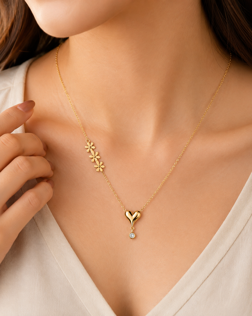 FASSSIONS Women’s Gold Tone Heart Pendant Necklace | Floral Charm Delicate Chain with Crystal Drop | Elegant Fashion Jewelry for Women & Girls