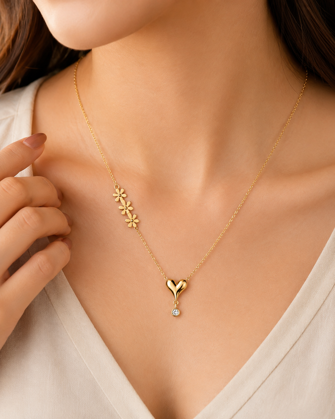 FASSSIONS Women’s Gold Tone Heart Pendant Necklace | Floral Charm Delicate Chain with Crystal Drop | Elegant Fashion Jewelry for Women & Girls