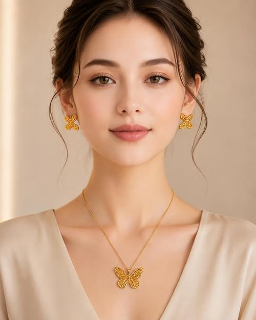Butterfly Pendant Necklace with Matching Earrings for Women & Girls | Gold Plated Butterfly Jewelry Set